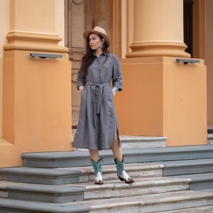 Linen Midi Shirt Dress with Belt. Casual Summer Dress with Pockets