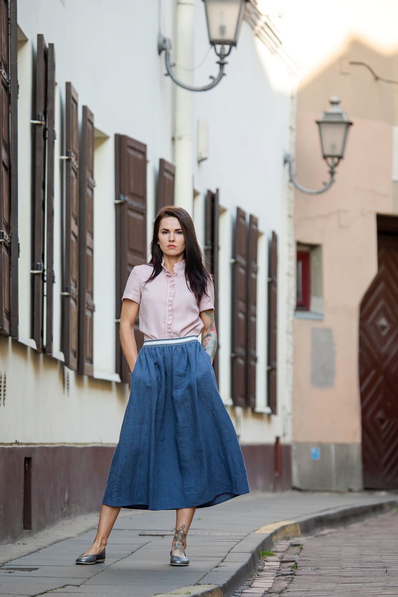 Linen skirt with elastic waist, Midi linen skirt image 1