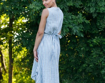 chinese dress ladies Striped Linen Dress