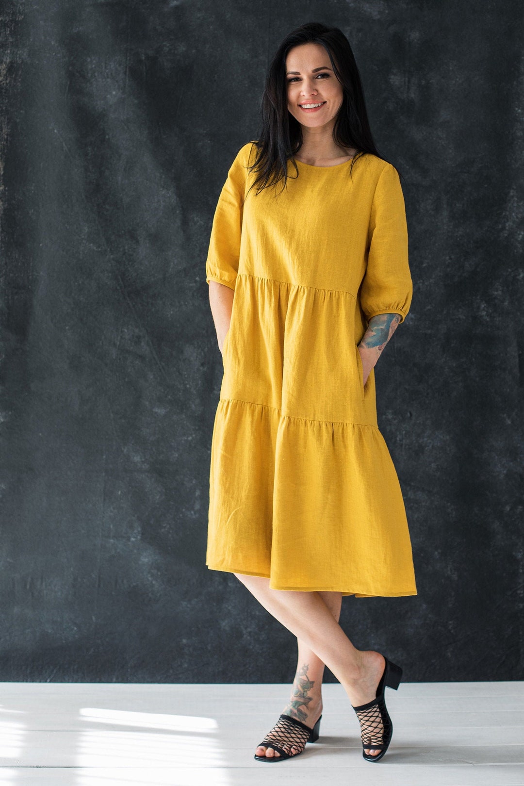 Tiered Linen Dress Rich Yellow Linen Dress Relaxed Summer Etsy