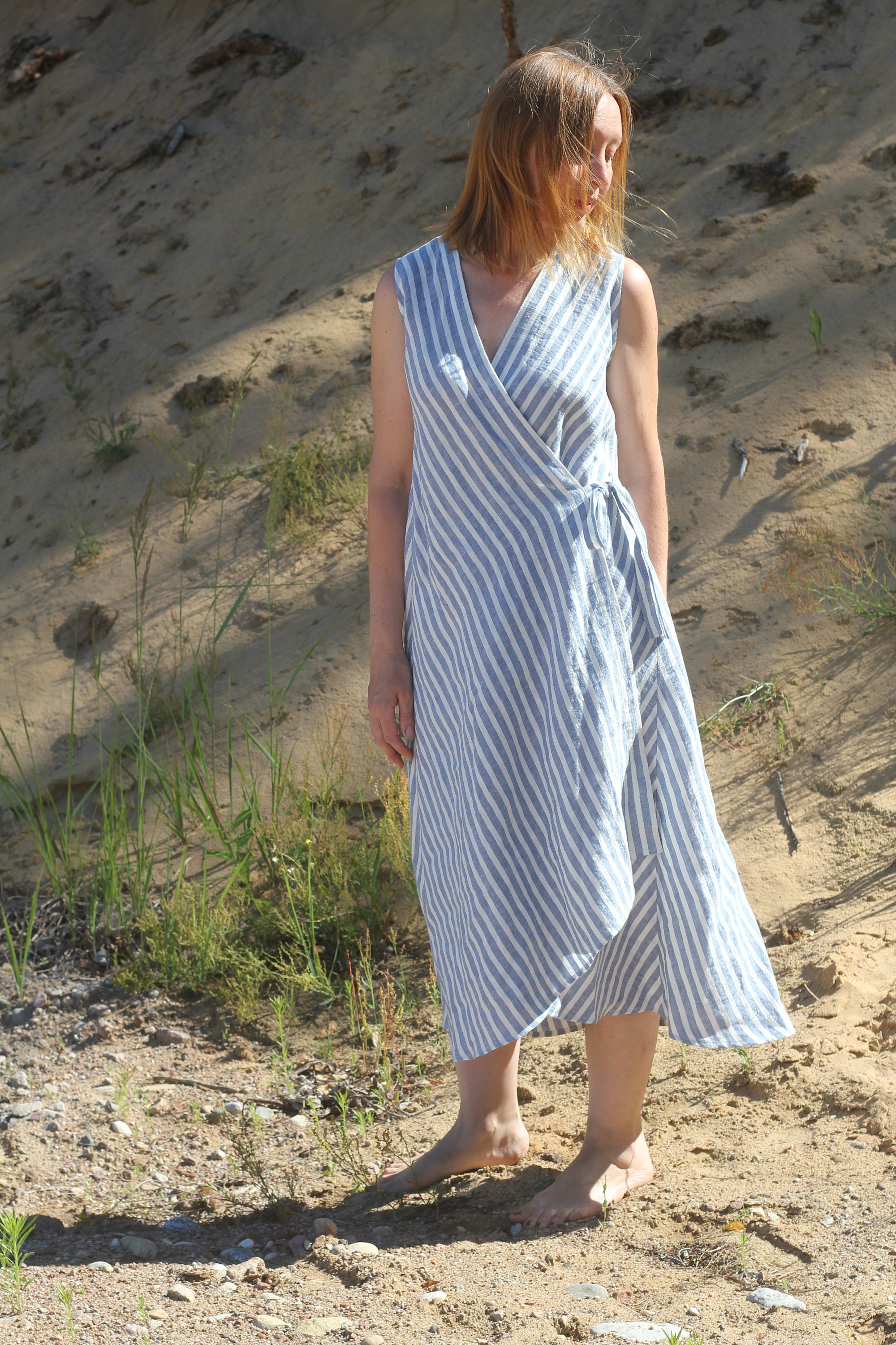 Light linen wrap dress, striped long linen dress