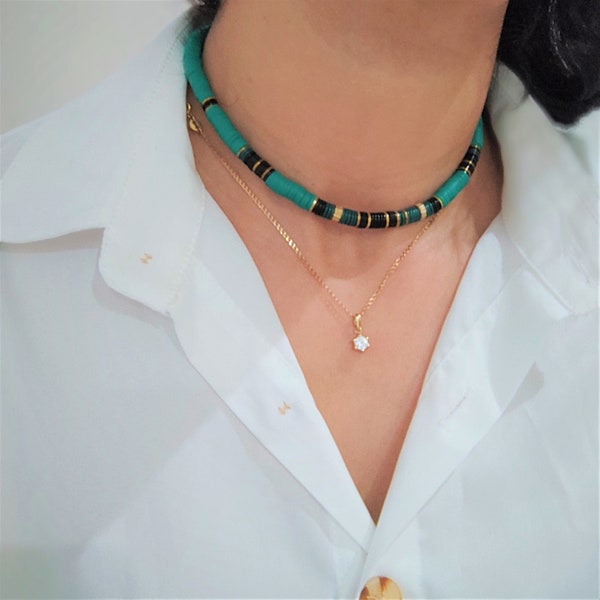 Necklace Pearl Green Style Boho Ras de Cou Closure in Stainless Steel Gold