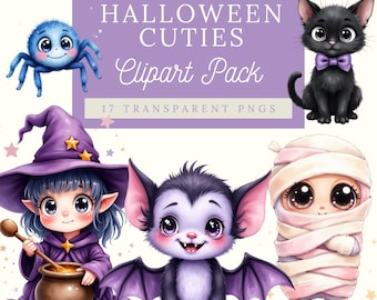 Cute Halloween Clipart | Watercolor Witch, Zombie, Vampire (Digital Download)