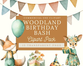 Wald Geburtstag Clipart | Waldtiere PNG | Woodland Kinderzimmer Grafiken | Fuchs Bär und Hirsch Clipart | Clipart Digital Pack
