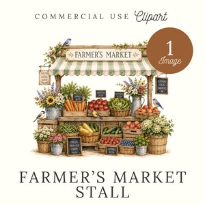 May include: A farmer's market stall illustration featuring a green and white striped awning, wooden crates filled with carrots, tomatoes, lettuce, cucumbers, and berries, various flower bouquets in buckets, and small signs labeled with produce names.