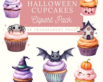 Watercolor Halloween Cupcakes Clipart | Cute Ghost, Pumpkin (Digital Download)