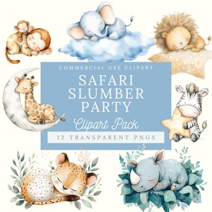Sleepy Safari Animals| Safari Clipart| Cute Jungle Animals PNG| Watercolor Safari| Digital Download| Giraffe Elephant Lion Clipart