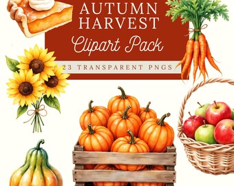 Fall Clipart| Watercolor Autumn Harvest Clip Art| Commercial Use Thanksgiving Images| Transparent Background| Digital Download