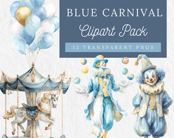 12 Blue Watercolor Carnival Clipart Pack| Circus Images for Birthday and Baby Shower Invites| Clown, Carousel, Balloons Clipart