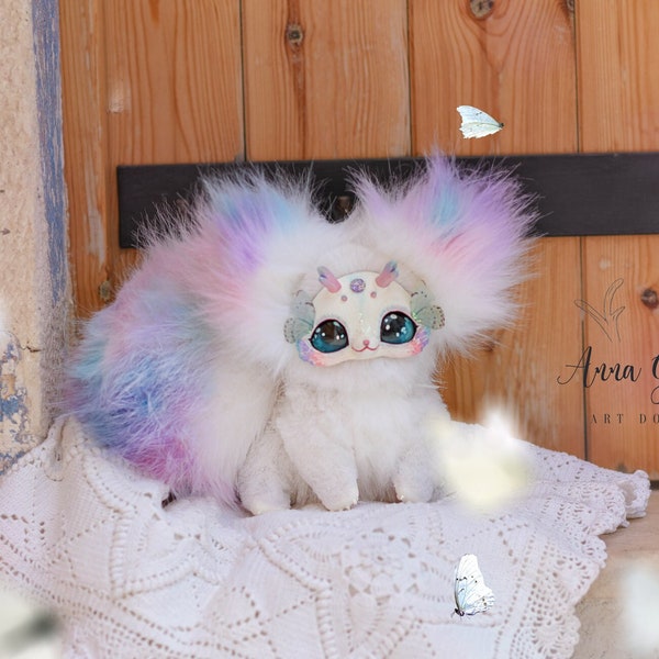 Vlinder witte kat kunstpop IN VOORRAAD, Designer Toys Handgemaakte pop Fantasieschepsel / Schepsel handgemaakte pop / Kunstpop dier