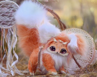 Shaman Peach Fox art doll IN STOCK , Full flexible Ooak fox creatures, unique gift, cosplay