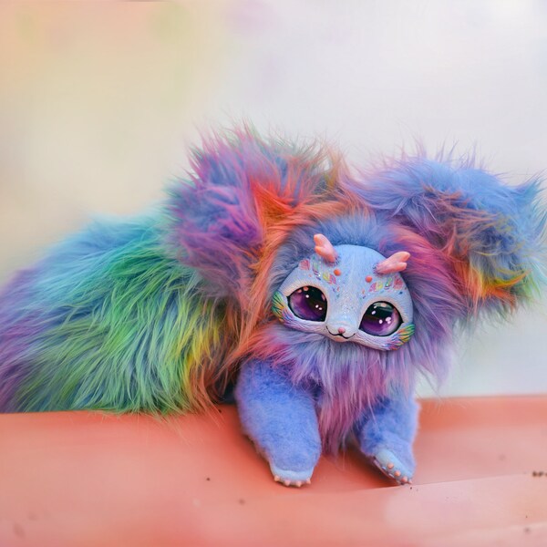 Bambola d'arte Rainbow Cat Creature Ooak Bambole personalizzate Regalo completamente flessibile e unico