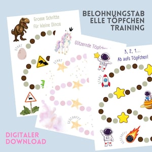 3-delat belöningsset för potträning (PDF) | Toalettträningstabell för barn | Utskrivbar toalettträning | Dinosaurie, Enhörning, Rymden