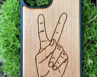 Cherry wood phone case for iPhone 12, 13, 14, 15, 16Pro Max – Engraved Peace Sign – Minimalist wooden case