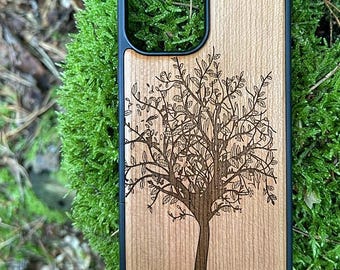 Cherry wood phone case with tree engraving for iPhone 12 13 14 15 16 e Mini Pro Pro Max – wooden case, natural design, gift idea