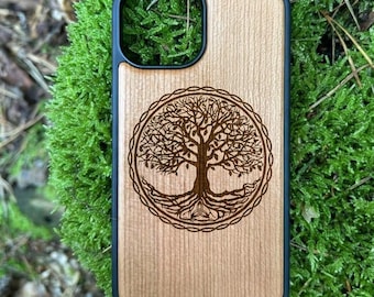 Cherry wood phone case with tree of life engraving for iPhone 12 13 14 15 16 e Mini Pro Pro Max – natural wood case, gift idea