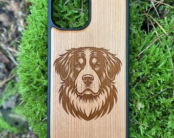 Cherry wood phone case with Bernese Mountain Dog engraving for iPhone 12 13 14 15 16 e Mini Pro Pro Max – wooden case, natural design, gift idea