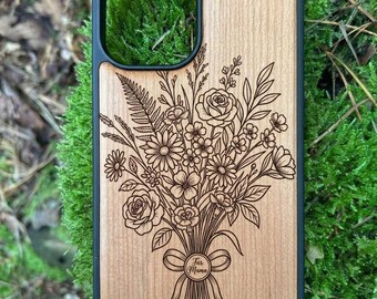 Gift for Mom – Wooden Phone Case with Flower Engraving – Mother's Day Gift Idea – Personalized iPhone Case
