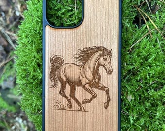 Cherry wood phone case for iPhone 12, 13, 14, 15, 16 Pro Max – Horse engraving – Natural motif wooden case unique