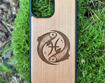 Cherry wood phone case with Pisces zodiac sign engraving for iPhone 12 13 14 15 16 e Mini Pro Pro Max wooden case, natural design, gift idea