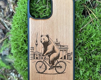 Cherry wood phone case – iPhone 12 / 13 / 14 / 15 / 16 Pro Pro Max – Berlin Bear Bicycle Engraved Wood Case Brandenburg Gate Cover