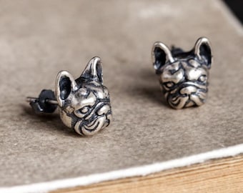Silver Stud Earrings with Bulldog Face/ Dog Head Design 925 Sterling Silver. Gift for him/her. Gothic jewelry Punk Vintage