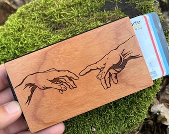 Wooden card case with mountain and landscape engraving in German style – wallet for cards, banknotes, coin compartment, slim wallet, gift