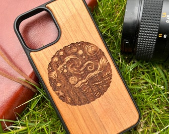 Wooden Phone Case “Starry Night” by Van Gogh iPhone 12 12 Pro 12 Mini 13Mini 13 Pro 13 Pro Max 14 14 Pro 14 Pro Max 15 15 Pro 15 Pro Max