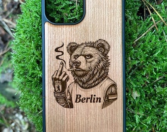 Cherry wood phone case – iPhone 12 / 13 / 14 / 15 / 16 Pro Pro Max – Berlin Bear Engraved Case Natural Wood Urban Rebel Cover