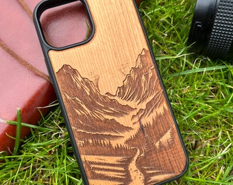 Wood Phone Case Mountains iPhone 12 12 Pro 12 Mini 13Mini 13 Pro 13 Pro Max 14 14 Pro 14 Pro Max 15 15 Pro 15 Pro Max