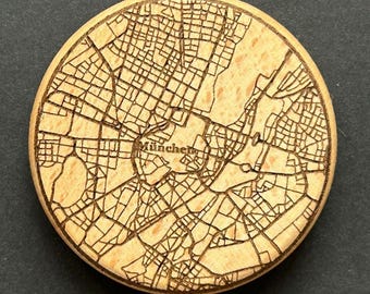 Wooden magnet with city map of Munich – also bottle opener – modern city artwork made of wood