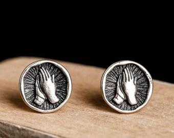 Silver stud earrings with praying hands design made of 925 sterling silver. Gift for him/her. Gothic jewelry Punk Vintage