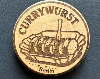 Berlin Currywurst Magnet & Bottle Opener made of beechwood – Engraved Cult Dish Capital Souvenir Gift Idea Wood Art