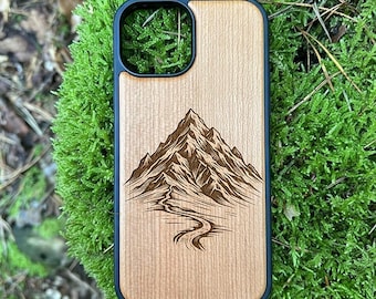 Cherry wood phone case mountain motif iPhone 12 13 14 15 / 15 Pro / 15 Pro Max / iPhone 16 series – Handmade wooden case, MagSafe & without MagSafe