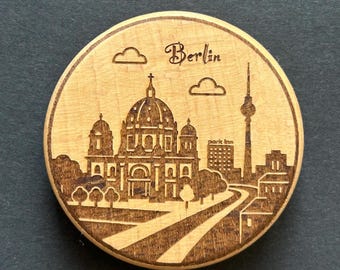 Berlin Skyline Magnet & Bottle Opener made of beechwood – Laser Engraved Cathedral and TV Tower, Architecture Souvenir, Gift Idea