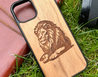Wooden Phone Case Lions iPhone 12 12 Pro 12 Mini 13Mini 13 Pro 13 Pro Max 14 14 Pro 14 Pro Max 15 15 Pro 15 Pro Max