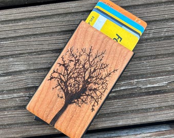 Wooden card holder with tree engraving – Natural design for nature lovers. A wooden tree card holder gift for men and women.