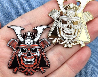 Samurai Skull Enamel Pin | Ronin Demon Skull Lapel Pin | Oni Mask Pin | Hard Enamel Samurai Warrior Pin | Red / Black or Gold / White