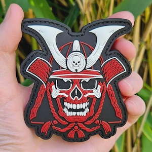 Samurai skull PVC Patch – Oni Mask Ronin Warrior Morale Patch – Tactical Samurai Armor Badge – Hook & Loop – EDC Gear Accessory 2D