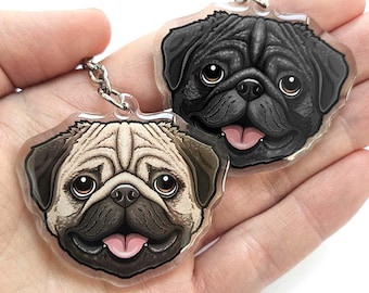 Pug keyrings - Pugs dog collar charms - Fawn & Black Acrylic Dog Lover Gift - Pug mom key chains