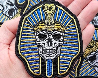 Egyption Embroidery Patch – Gold Pharaoh Skull patches | Iron-On | Tomb Design | Ancient Egypt mummy Patch | Skull Art | Biker, Jacket, Bag
