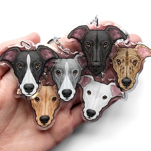 May include: A set of six greyhound dog keyrings. Each keyring features a different coloured greyhound dog with a white background. The keyrings are made of clear acrylic and have a silver metal ring.