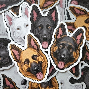 May include: Three German Shepherd dog breed stickers with black, white, and brown fur. The stickers are printed on white paper and have a glossy finish.