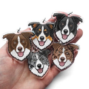 May include: Five different border collie dog breed keychains. Each keychain is a clear acrylic charm with a colorful illustration of a border collie dog. The dogs are all different colors and have different expressions.