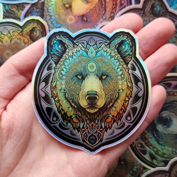 Bear mandala stickers holographic bears vinyl decal with floral pattern