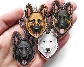 German Shepherd keyrings & Alsation dog collar charms black tan white sable key chains