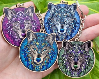 Wolf mandala wooden keyrings wildlife nature floral wood charms Eco friendly