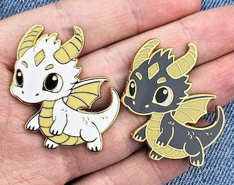 Cute Chibi Dragon Enamel Pin – Gold Plated Hard Enamel – White or Grey Baby Golden Dragon – Kawaii Fantasy Pin – Cute Gift for Dragon Lovers