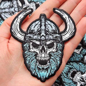 Viking Skull Embroidery Patch | Norse Warrior Bearded Skull with Horned Helmet | Biker, Metal, Norse Mythology | Valhalla Drakkar Beserkers