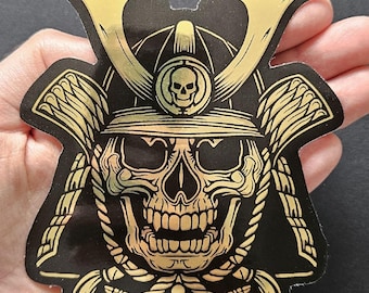 Gold Samurai skull sticker - Japanese Warrior Armour - Ronin Oni Demon Mask - metallic gold decal vinyls